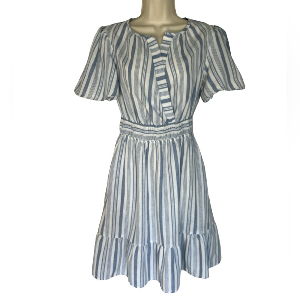 Monteau blue and white striped dress with elastic waist size L